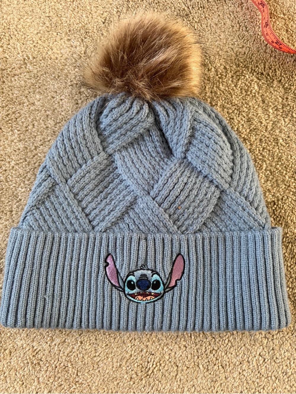 LIKE NEW Disney Stitch Cable Knit Beanie Hat Adult Women OSFM Blue Plush Lined